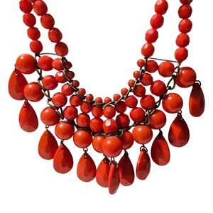 Vintage Red Beaded Bib Necklace Multi Strand Teardrop Accents Retro Jewelry